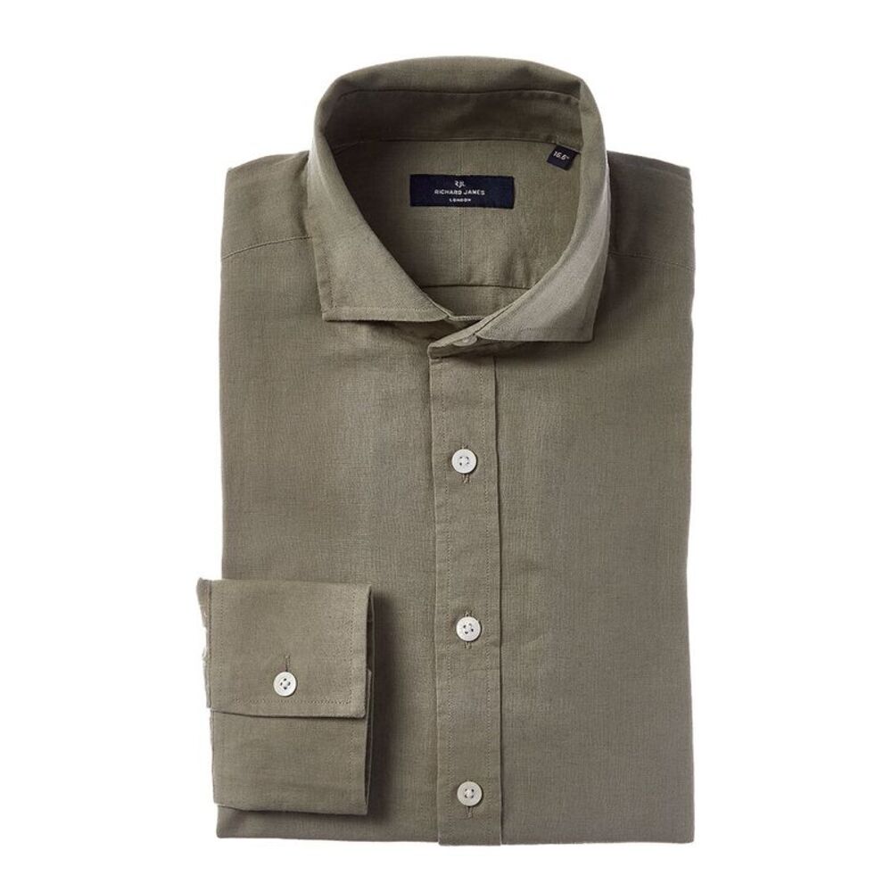 Richard James Mens Regular Collar Single Cuff Linen-Blend Dress Shirt, Brown